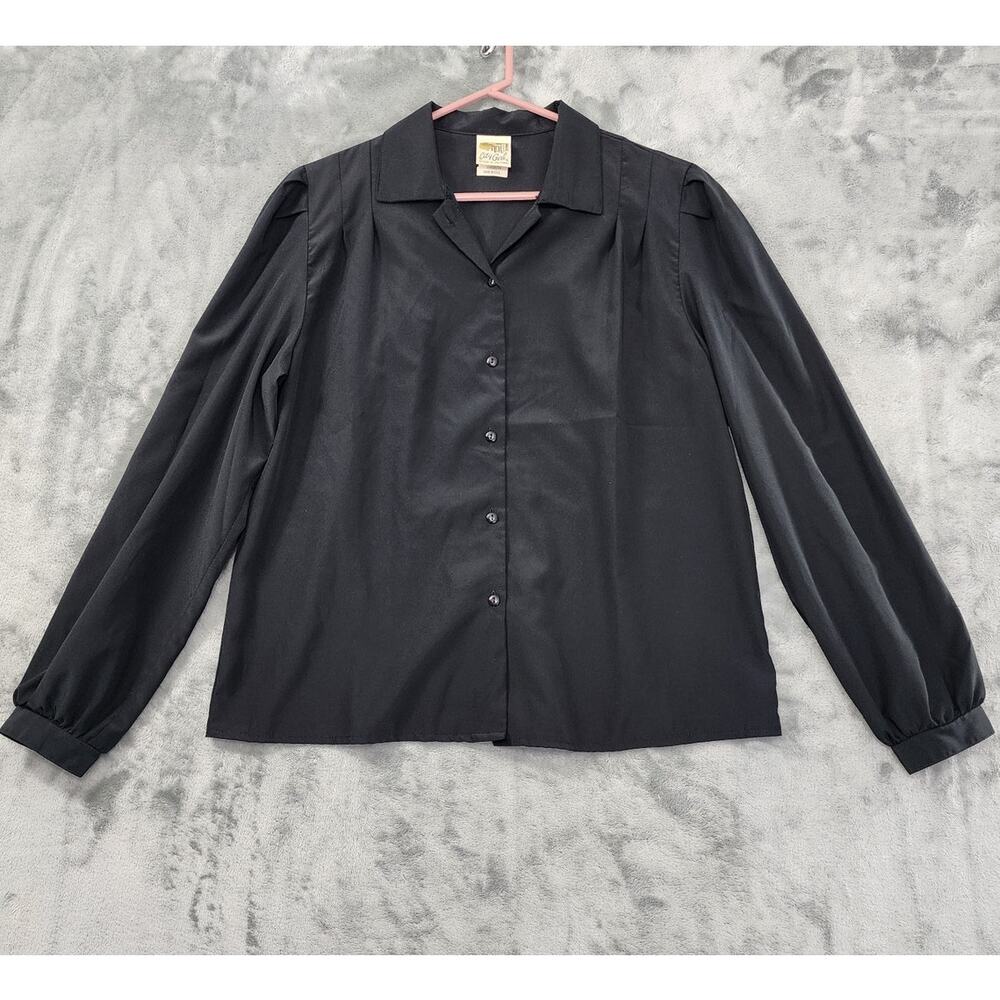Vintage 70s City Girl Silky Polyester Long Sleeve Button Up Top Size 13/14 Black